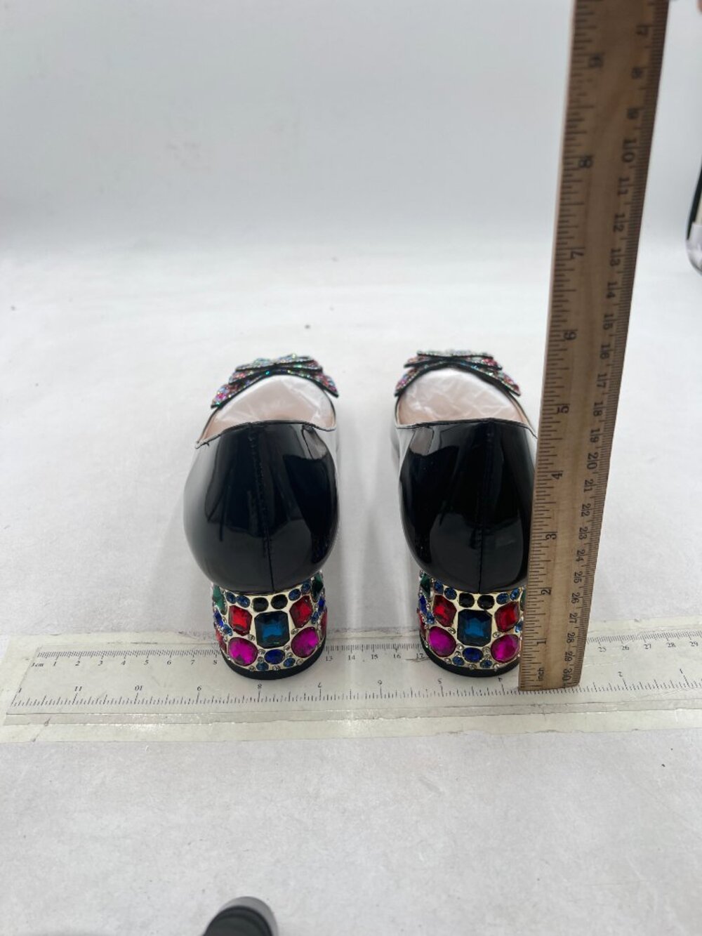 YDN Black Pointed Toe Bow Pump Colorful Rhinestone Block Low Heel Butterfly Shoe - Picture 5 of 8